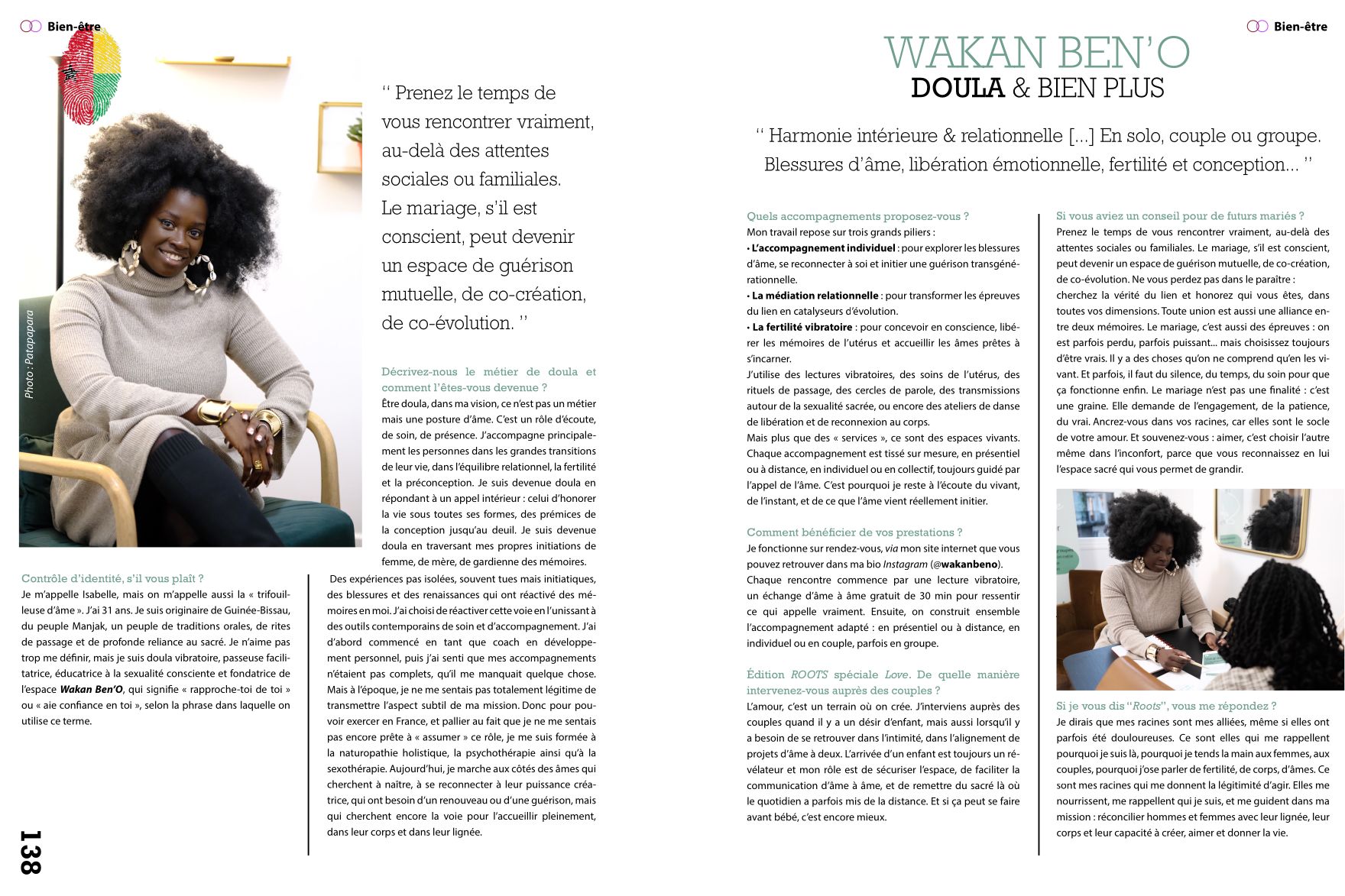 Article Roots Magazine · Wakan Ben'O, Doula & bien plus, interview d'Isabelle (p.138)